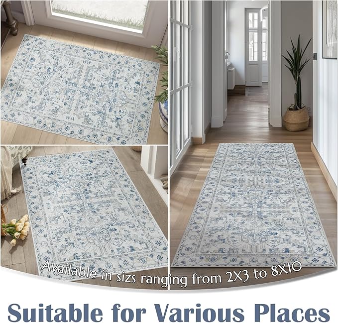 jinchan Lima Runner Rug 2x6 Washable Hallway Runner - Vintage Floral Non Slip Low-Pile Soft Ultra-Thin Kitchen Rug Distressed Carpet for Farmhouse Bedroom Entryway Laundry Room (2x6ft, Blue)