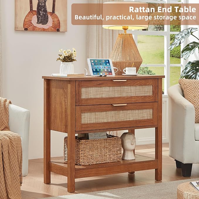 LEYAOYAO 31.5" Wide Rattan Night Stand with Charger Station, Oversized Large Boho Nightstand with 2 Drawer, Tea Brown Bed Side End Tables, Tall Bedside Table for Bedroom Living Room, Hallway