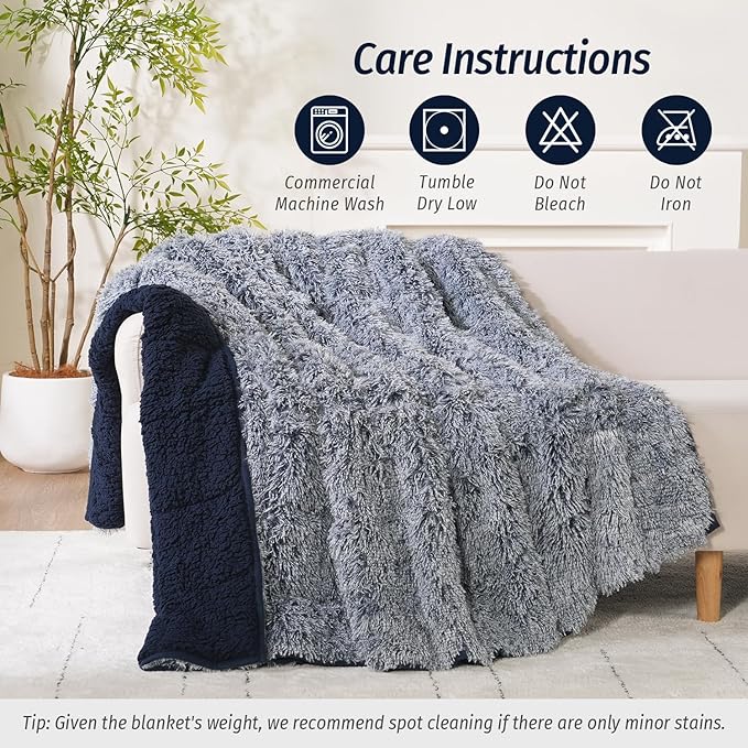 Wemore Shaggy Long Fur Faux Fur Weighted Blanket, Cozy and Plush Sherpa Long Hair Blanket for Adult 15lbs, Fluffy Fuzzy Sherpa Reverse Heavy Blanket for Bed, Couch, Backprint Navy Blue, 60 x 80 Inches