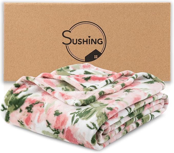 Luxury Printed Fleece Warm Throw Blanket, Soft Lightweight Velvety Plush Throw for Couch and Bed, Cozy Comfy for All Seasons(Ivory Pink Flowers, 50×70 Inches)
