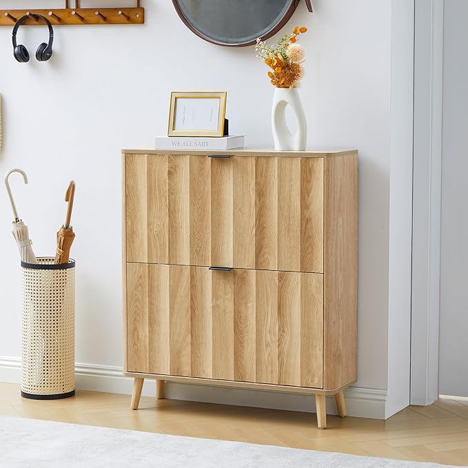 31.5” Fluted Shoe Cabinet Storage with 2 Flip Drawers,Narrow Freestanding Shoe Storage Organizer,Slim Shoe Rack Cabinet for Entryway,Hallway (Natural)