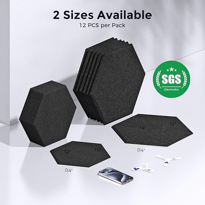 Self-Adhesive Acoustic Panels [390 lbs/yd³ Ultra-High Density], 2nd Generation Sound Absorbing Panel, Professional Level Sound Panel, Polyester Soundproof Foam [Size M, Pure Black]