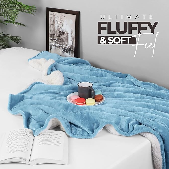 Utopia Bedding Sherpa Blanket California King Size (Washed Blue, 102x96 Inches) - Soft Lightweight Plush Fleece Reversible Blanket for Bed, Sofa, Couch, Camping and Travel
