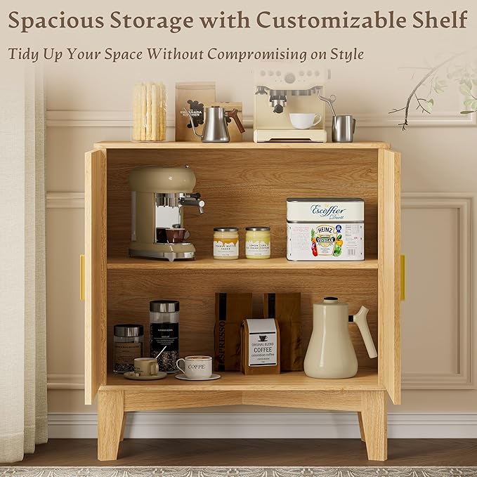 Storage Cabinet with Doors and Adjustable Shelf, Modern Fluted Sideboard Buffet Cabinet, Freestanding Coffee Bar for Kitchen, Pantry, Entryway, Living Room (Natural Oak)