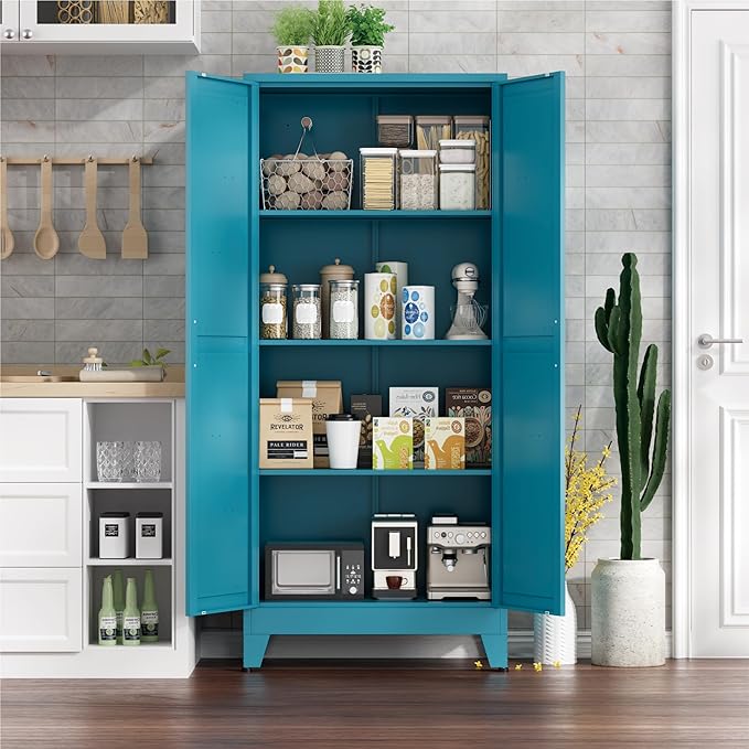 Farmhouse Pantry Cabinet with Barn Doors,61" H x 27.5" W,Metal Cabinet with Adjustable Shelves,4-Tier Storage Cabinet for Kitchen Dining Room Garage,Blue