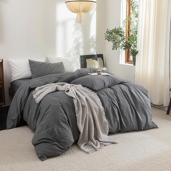 FOSSA Duvet Cover Set 100% Washed Cotton Linen Feel Super Soft Breathable Cozy 3 Pieces Bedding Sets Solid Dark Grey Queen