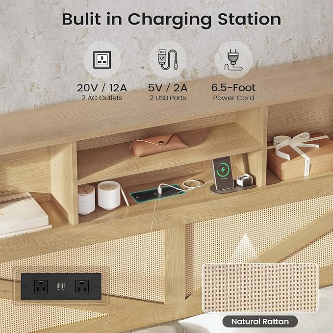 AOGLLATI Twin Bed Frame with 4 Storage Drawers and Natural Rattan 2-Tier Bookcase Hidden Headboard, Boho Led Twin Bed Frame with Charging Station, No Box Spring Needed, Wood