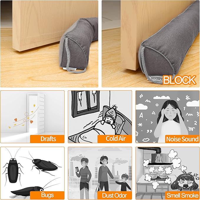 TORRAMI 38" Door Draft Stopper for Bottom of Doors, Seal Blocks Hot Air, Noise, Bugs, Keeps Cold AC in Window Gap Filler Draft Stoppers,Gray