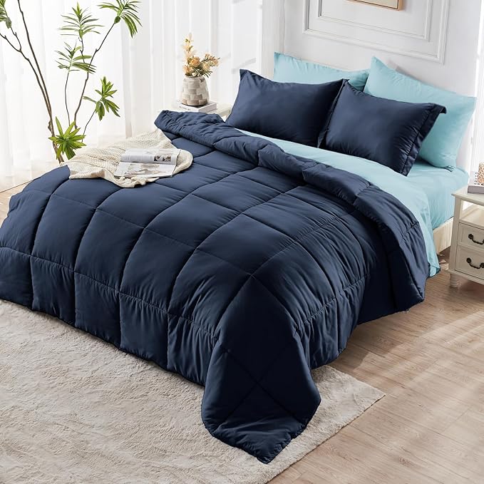 JOLLYVOGUE Twin Comforter Set, Ultra-Soft Bed in a Bag Twin Size 5 Pieces, Oeko-TEX Certified Bedding Set with Down Alternative Comforter, Sheets, Pillowcases & Shams, Navy & Light Blue