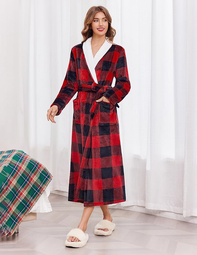 Ekouaer Women's Robe Long Plush Soft Bathrobe Jacquard Color Block Robes Shawl Collar Sleepwear with Pockets S-XXL