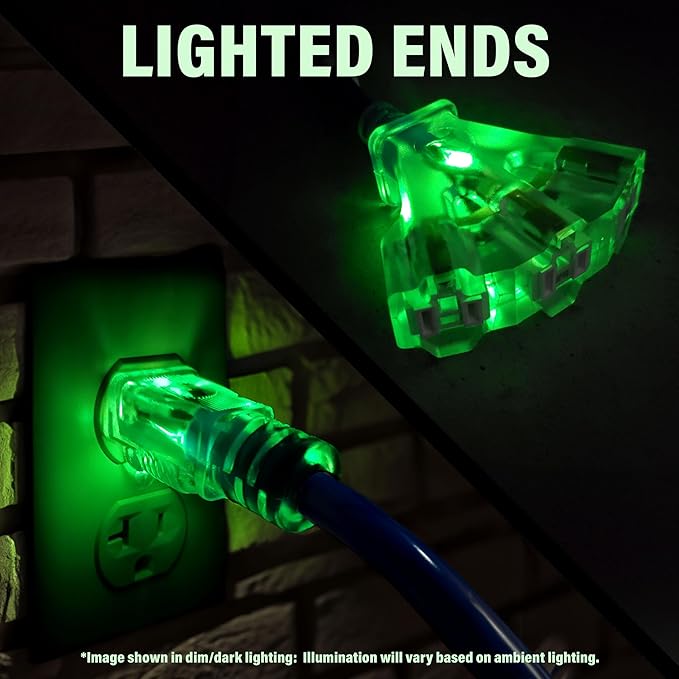 50 ft - 12 Gauge Heavy Duty Extension Cord - Lighted on Both Ends - SJTW Blue - Outdoor Extension_Cord Waterproof 50 ft by Premier Wire - 15 Amp ExtensionCord (50 Foot 12-Awg Power Cord Blue)