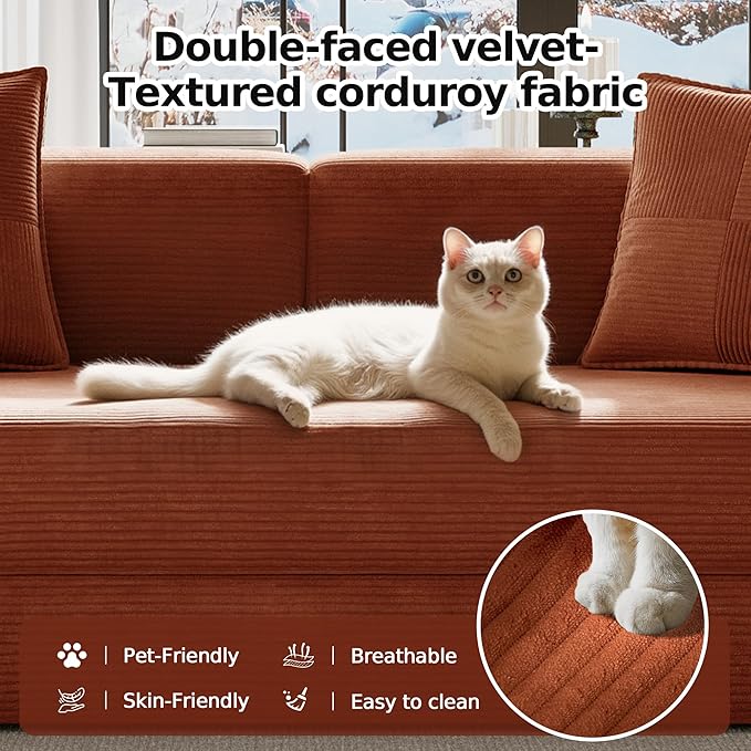 78.8" Convertible Futon Sofa Bed,Corduroy Futon Couch with Storage Pocket,Folding Pull Out Sofa,No Assembly Boneless Couch for Living Room,Orange