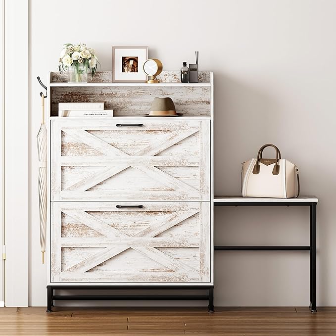 Vibe & Dine Shoe Cabinet with 2 Flip Drawers and Shoe Bench, Farmhouse Shoe Storage Cabinet for Entryway, Freestanding Slim Shoe Organizer Cabinet, Narrow Shoe Rack Cabinet with Metal Legs, White