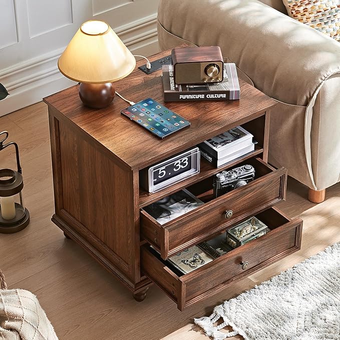 24" Wide Farmhouse Nightstand Set of 2 with Charging Station,End Table with 2 Drawers,Brown Wood Dresser for Bedroom Cabinet, Bed Side Table Chest of Drawers, Night Stand for Living Room