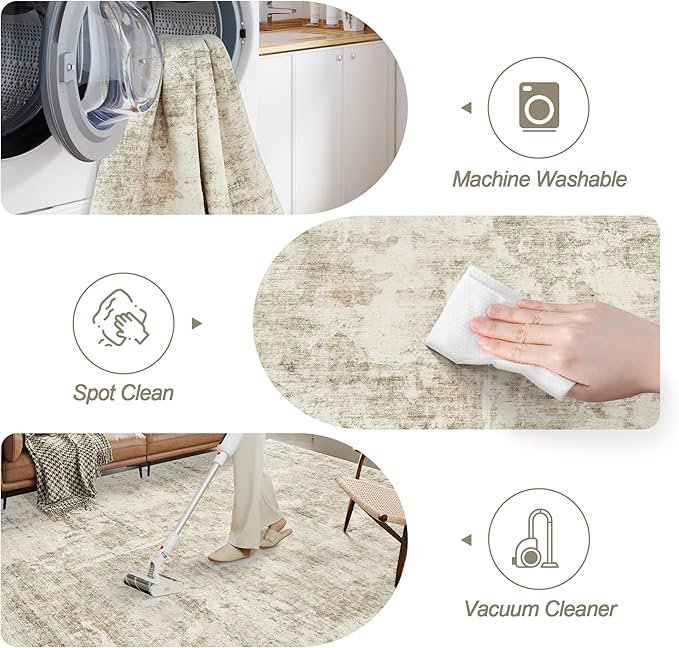 10x14 Area Rugs for Living Room, Non Slip Machine Washable Vintage Carpets, Low Pile Lightweight Large Rug for Bedroom, Dining Room, Home Office Beige Gray