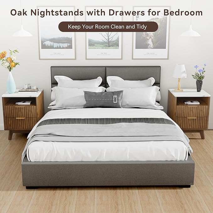 Fluted Nightstand with 2 Drawers, 18" Modern Night Stand with Faux Marble Top, Open Storage Shelf, Curved Edge Bedside Table for Bedroom, End Side Table (2, Walnut)