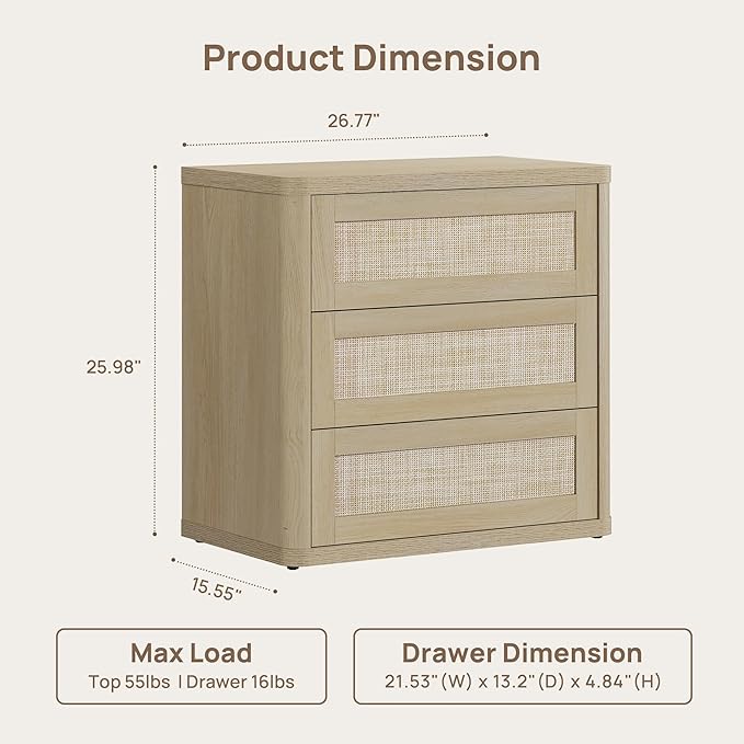SICOTAS Rattan Night Stand Set of 2, Oversized 3-Drawer Nightstand, Large Bedside Table Boho End Table Storage Cabinet with Kid-Safe Rounded Edges & Push-Close Design for Bedroom Guest Room, Sand Oak