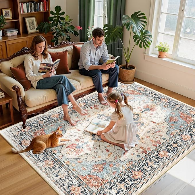 Area Rugs 6'x9' Washable Non-Slip, Floral Vintage Distress Print Pattern Medallion Carpet for Living Room Bedroom Dining Room, Beige Navy Blue Orange Colorful
