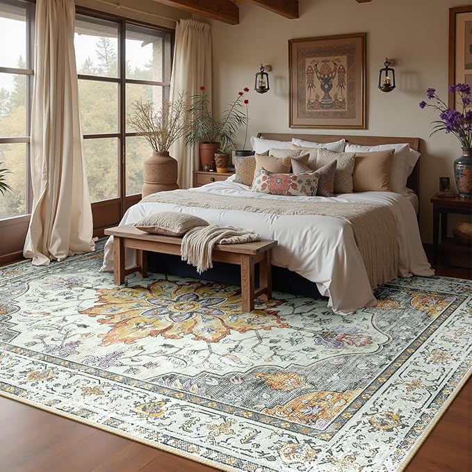 Area Rugs 7'x9' Washable Non-Slip, Floral Vintage Distress Print Pattern Medallion Carpet for Living Room Bedroom Dining Room, Light Yellow Carbon Grey Orange