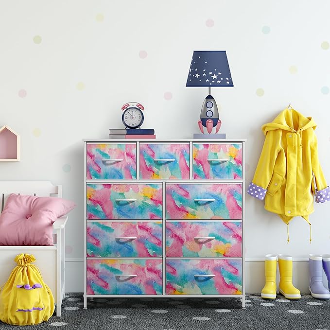 Sorbus Dresser with 9 Drawers - Furniture Storage Chest for Kid’s, Teens, Bedroom, Nursery, Playroom, Clothes, Toys - Steel Frame, Wood Top, Fabric Bins (Tie-dye)