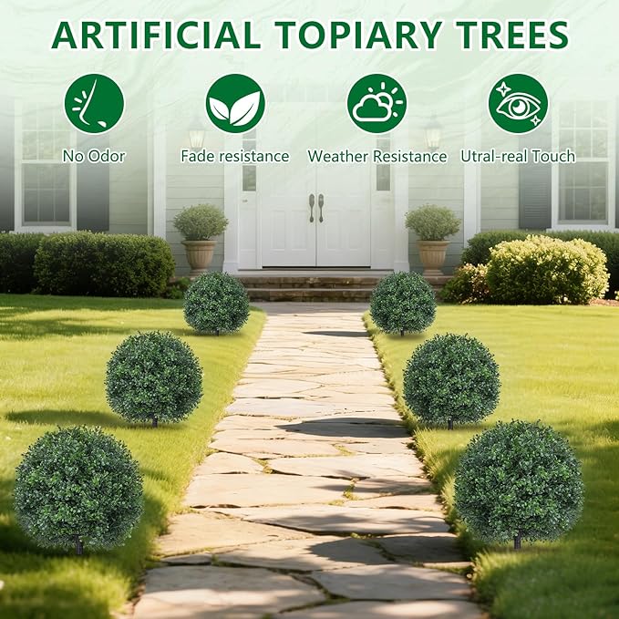 Artificial 23" Boxwood Topiary Trees with Ground Spike,2 Pieces Fake Pine Shrubs Bushes, UV Resistant Faux Evergreen Cypress Tree Plants for Indoor Outdoor Planters Front Porch