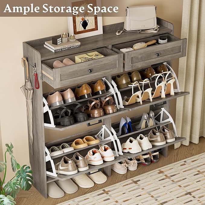 Shoe Storage Cabinet for Entryway, Farmhouse Wide Shoe Cabinet with 4 Flip Drawers and 2 Top Drawers, Freestanding Organizer with Adjustable Shelves, Hooks, and Anti-Tip Kit for Hallway