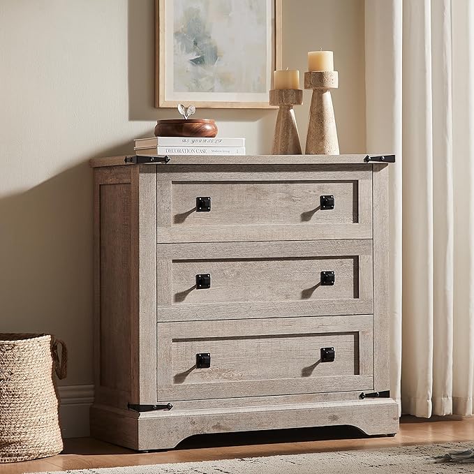 T4TREAM Farmhouse 3 Drawers Dresser for Bedroom, Rustic Wood Double Dresser TV Stand, Wide Storage Dressers Organizer for Living Room, Hallway, Light Rustic Oak