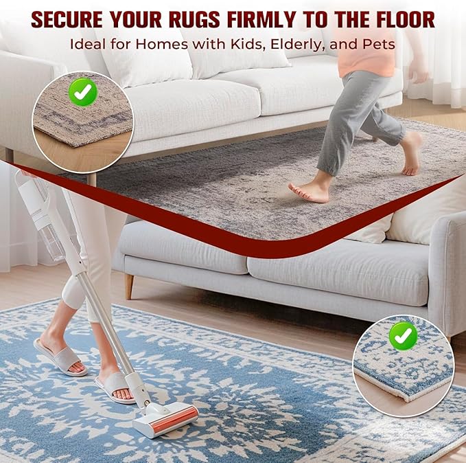 12PC Carpet Tape Double Sided, Heavy Duty Rug Tape for Hardwood Floors, Non-Slip Carpet Adhesive Tape for Area Rugs, Strong Grip
