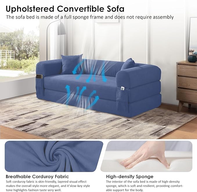 80" Convertible Sofa Bed, Corduroy Deep Seat Folding Pull Out Couch with Pillows, No Assembly Modern Boneless Couch Compression Sofa in Box, Floor Sofa with Storage Pocket,Dark Smog Blue