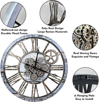 The B-Style Large Wall Clock 24 inch Moving Gear Wall Clock Oversized Vintage Farmhouse Wall Clocks for Living Room Decor Rustic Industrial Wood Clock (Aqua Green, 36 inch/90cm)