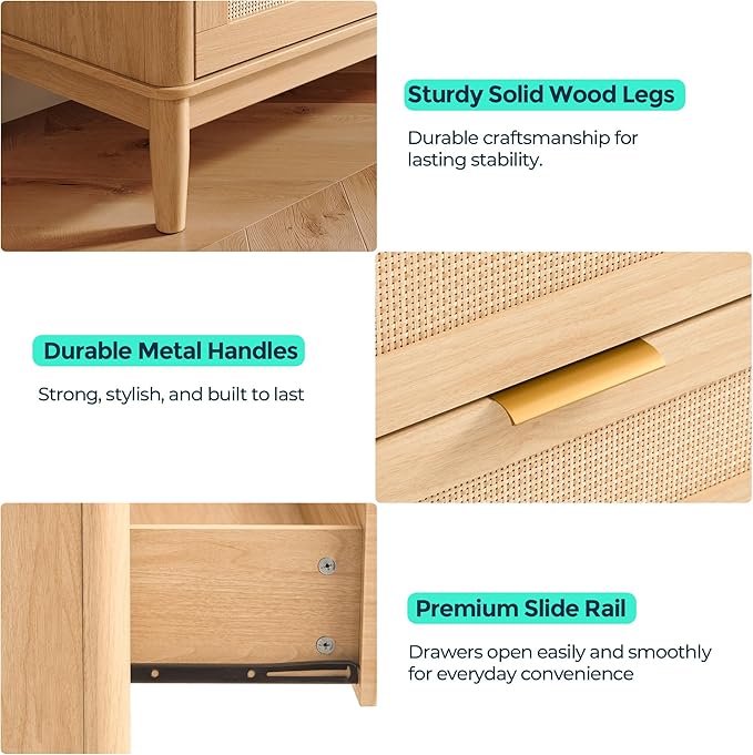 LINSY Rattan 5 Drawer Dresser for Bedroom, 46" Tall Mid-Century Modern Chest of Drawers, Deep Storage Dresser with Curved Corner Design, Large Accent Wood Cabinet for Bedroom, Oak