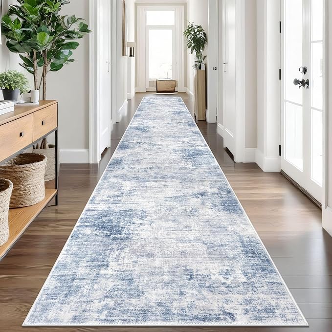 IOHOUZE Abstract Runner Rug 3x18 Ft Washable Runners for Hallways, Non Slip Kitchen Runner Printed Faux Wool Entryway Runner Indoor, Modern Abstract Floor Carpet for Hall Stair, Light Blue White