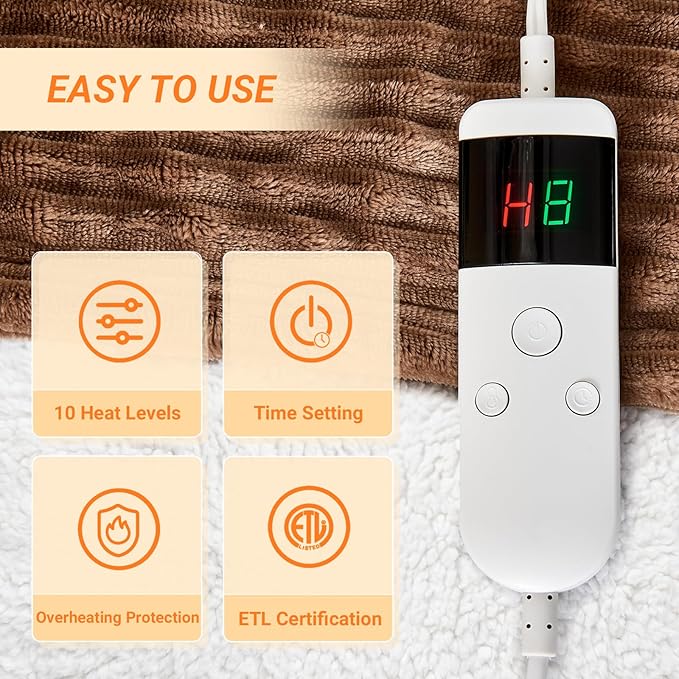Heated Blanket Electric Twin, Soft Flannel Heating Blanket with 8 Hours Auto Off 10 Fast Heating Levels Machine Washable Sherpa Heated Blanket with Overheating Protection