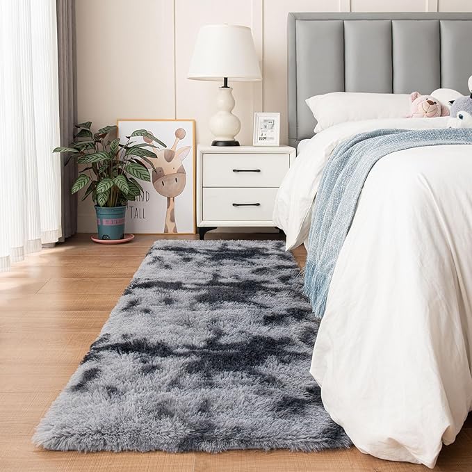 duduta Grey Plush Runner Rugs for Bedroom 2x6 ft, Tie Dye Fluffy Gray Shag Rug for Dorm Nursery Bedside, Machine Washable Non Slip