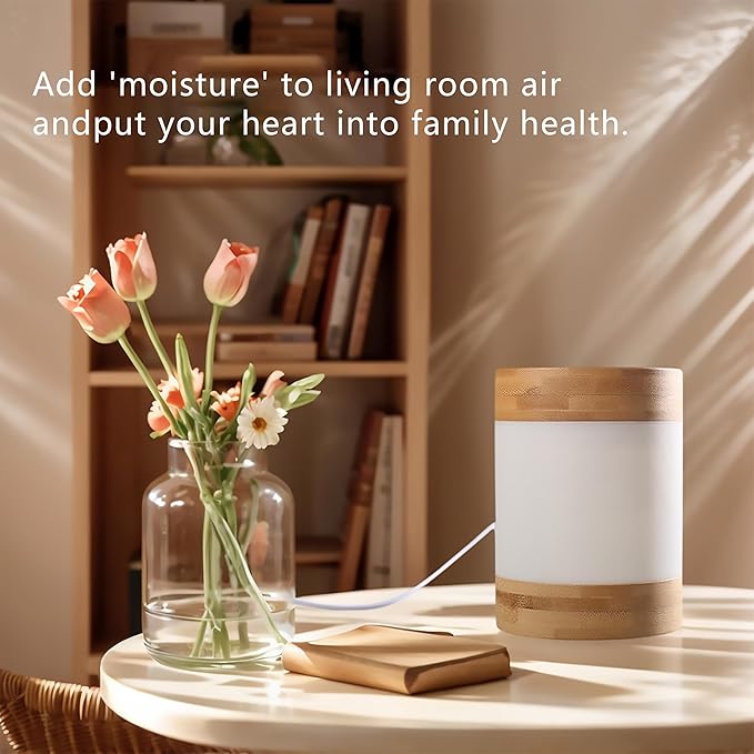 Bamboo Ultrasonic Mini Humidifier, 400ml Quiet Desktop Humidifier with Dual LED Night Light, USB-C Powered, Auto Shut-Off, Portable Small Room Air Moisturizer for Bedroom, Desk, Office & Travel