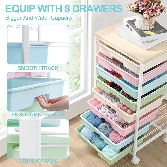 Rolling Storage Cart with Drawers,Utility Cart With 8 Drawers and Wooden Tabletop,Rolling Drawer Cart,Storage Drawer Cart for Living Room,Classroom,Bedroom,Bathroom,Dorm,Office,Rainbow