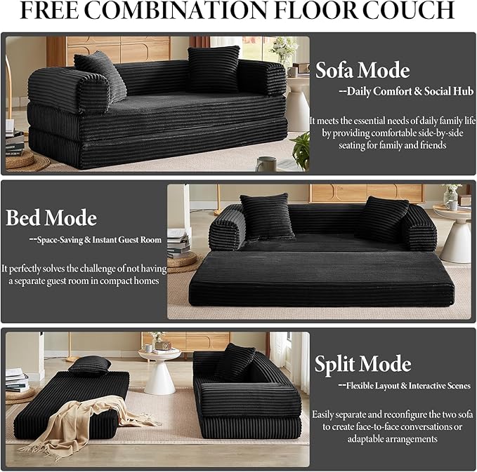 Convertible Futon Sofa Bed, Fold Out Floor Sofa Couch with Sleeper Sofa,Folding Boneless Couches with Deep Seat,Cloud Corduroy Foldable Mattress Couch for Living Room (Black)