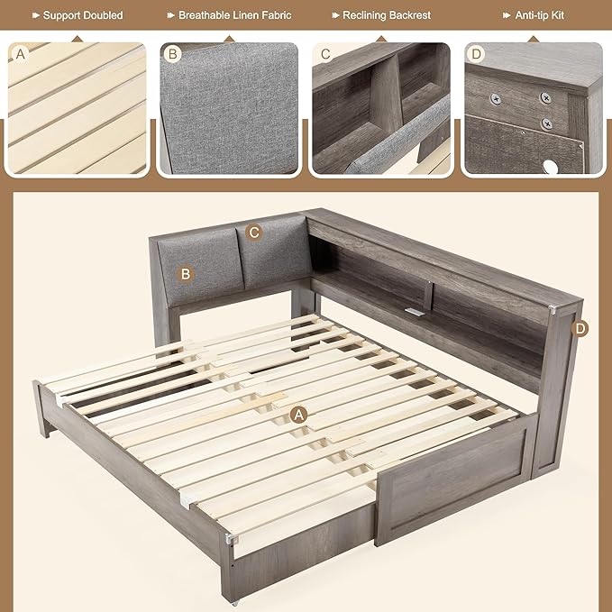 Corner Bed Frame with Trundle and Bookcase Upholstered Headboard, 3-in-1 Twin Size Wood Daybed with Extendable Bed, LED Lights and Charging Station, for Bedroom, Guest Room, Grey