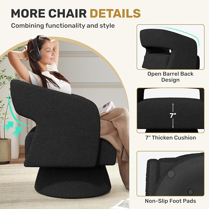 Swivel Accent Chair Set of 4, Modern Comfy Teddy Barrel Chairs, Oversized Upholstered Round Arm Chair for Living Room, Bedroom, Reading Room, Black