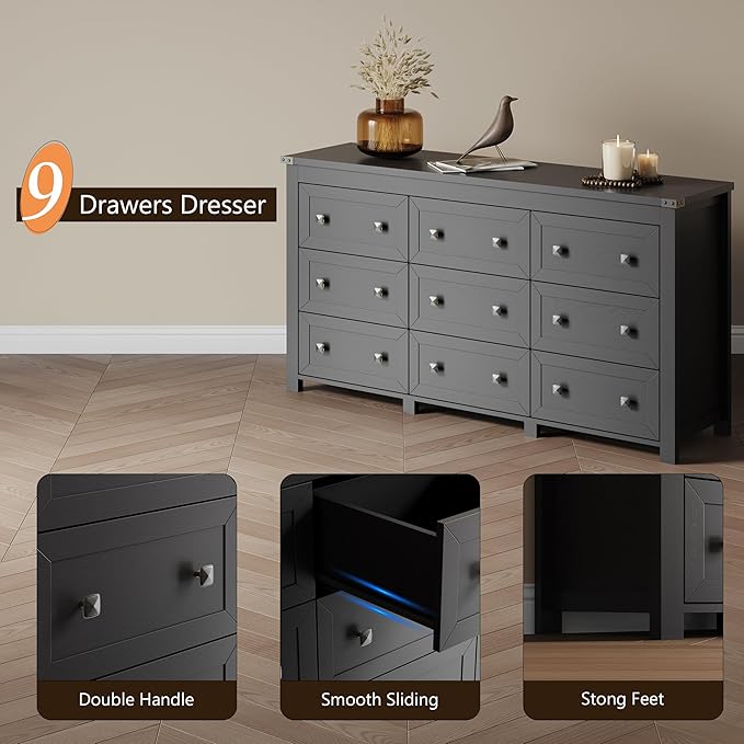 Dresser for Bedroom with 9 Drawers, Farmhouse Wood Chest of Drawers, Wide TV Stand Closet Storage Furniture with Metal Handle, Modern Clothes Organizer for Hallway, Living Room, Entryway, Black