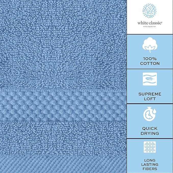 White Classic Luxury Cotton Washcloths 13x13 Inch - 650 GSM Turkish Cotton | Hotel, Spa, Bathroom Face Towel | 12 Pack, Light Blue