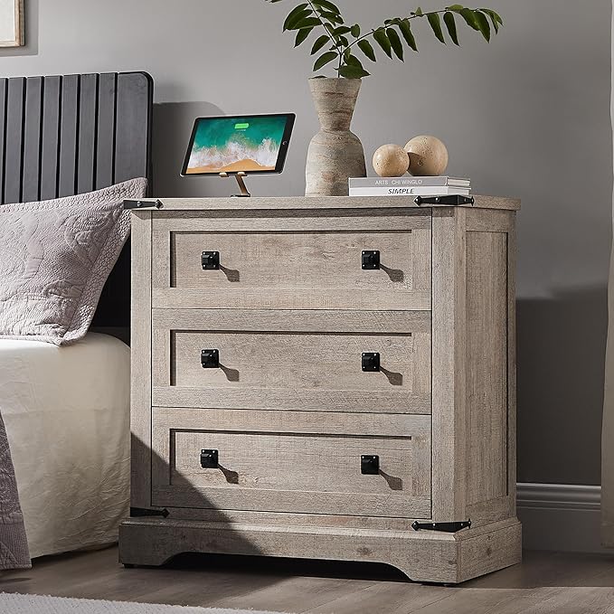 T4TREAM Farmhouse 3 Drawers Dresser for Bedroom, Rustic Wood Double Dresser TV Stand, Wide Storage Dressers Organizer for Living Room, Hallway, Light Rustic Oak