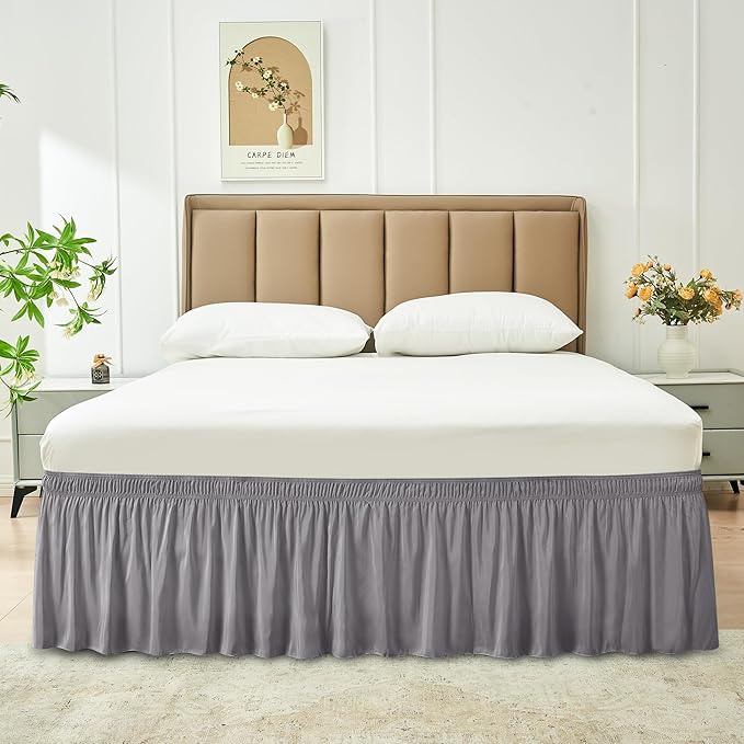 Biscaynebay Wrap Around Bed Skirts for Queen Size Beds Extra Long Drop of 21", Silver Grey Adjustable Elastic Dust Ruffles Easy Fit Wrinkle Resistant Silky Luxurious Fabric Machine Washable