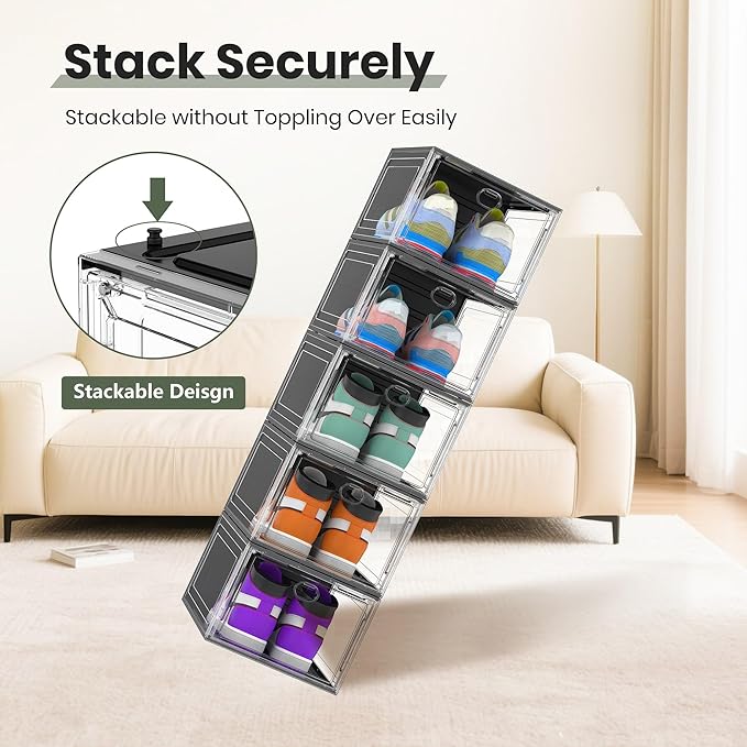 Thicken Hard Clear Shoe Storage Organizer for Closet, 10 Pack Modular Plastic Stackable Shoe Storage Box Organizer, Shoe Sneaker Rack Display Case Containers Bins with Lids, Black Clear