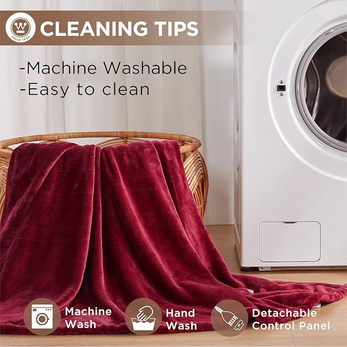 Westinghouse Heated Blanket Throw, Electric Throw with 6 Heating Levels, 2-10 Hours Time Settings, Overheat Protection, Machine Washable, Flannel (Throw, 50x60 Inches, Wine Red)