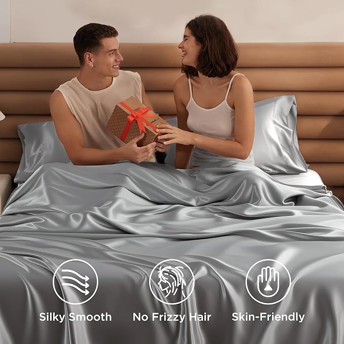 Bedsure Satin Sheets King Size - 4 Piece Silky Bedsheets with 15 Inches Deep Pocket Fitted Bedsheet,1 Flat Sheet, 2 Satin Pillowcases, Good for Hair & Skin (King, Silver Grey)