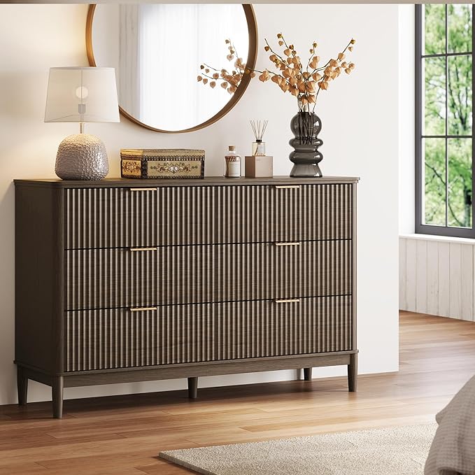 LINSY Fluted Dresser for Bedroom with 6 Drawers, Mid Century Modern Chest of Drawers with Gold Metal Handles, Wide Boho Wood Dressers, Large Farmhouse Storage Cabinet for Bedroom, Living Room, Walnut