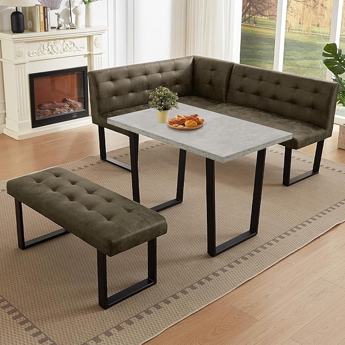 3-Piece Corner Dining Table Set with Bench, 70 Inch Space-Saving Breakfast Nook for Kitchen & Dining Room(Grey Table+Right Seat Brown Bench)