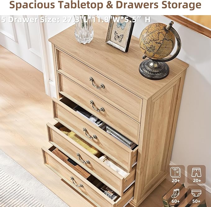 Farmhouse 5 Drawer Dresser for Bedroom, 45" Tall Vinatge Chests of Drawers w/ 4 Solid Gourd Feet, Mid Century Modern Boho Wood Closet Storage Dressers Organizer for Living Room, Natural Oak