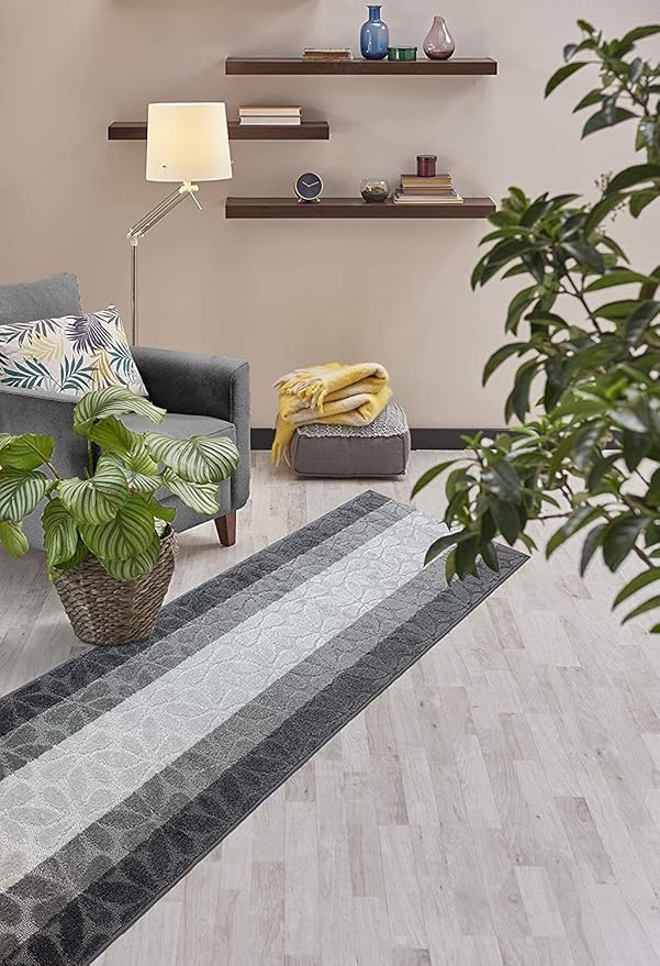 Custom Length Hallway Runner Rug,Slip Resistant,Flower Grey, 26 Inch X 28 feet, Sold and Priced Per Foot
